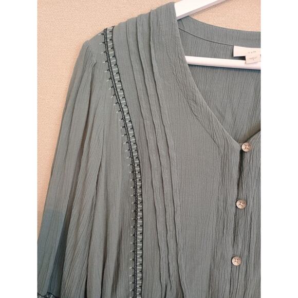 J Jill Shirt Womens Small Blue Spruce Embroidered Pintuck Button Boho Blouse - Picture 4 of 12